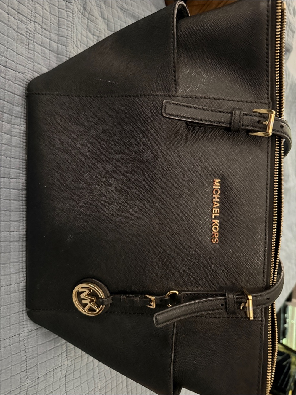Michael Kors Black Leather Messenger Bag with Gold Hardware